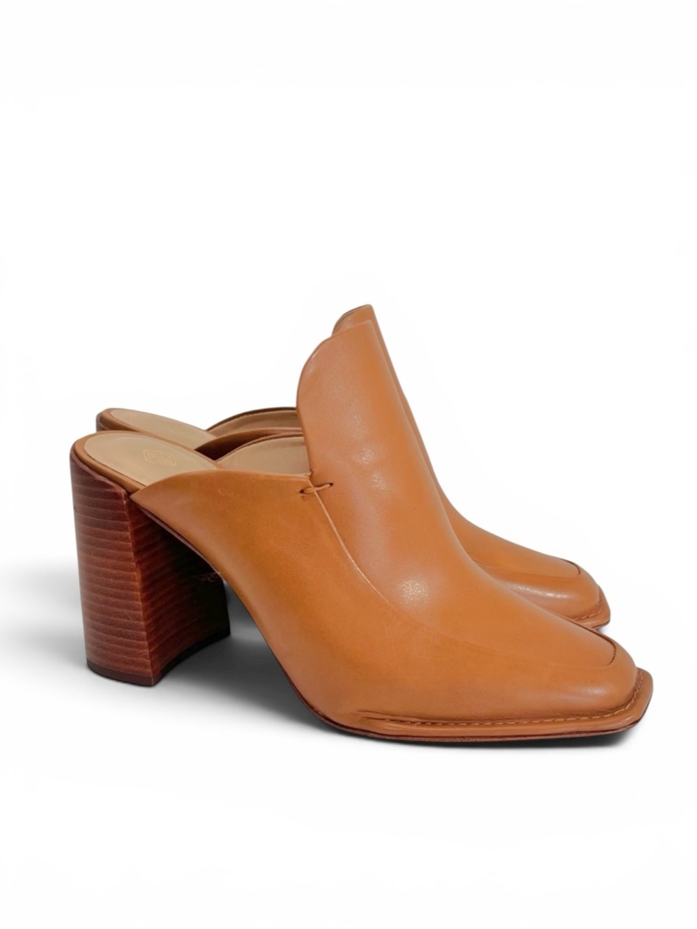 Antonio Melani Romann Brown Leather Square Toe Chunky Block Heel Mules